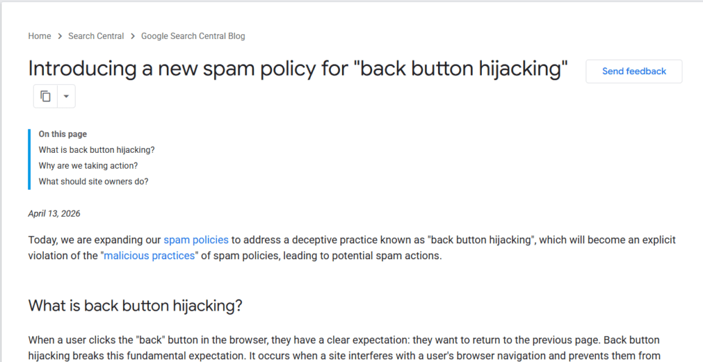 Google Search Central announcement introducing back button hijacking spam policy in April 2026